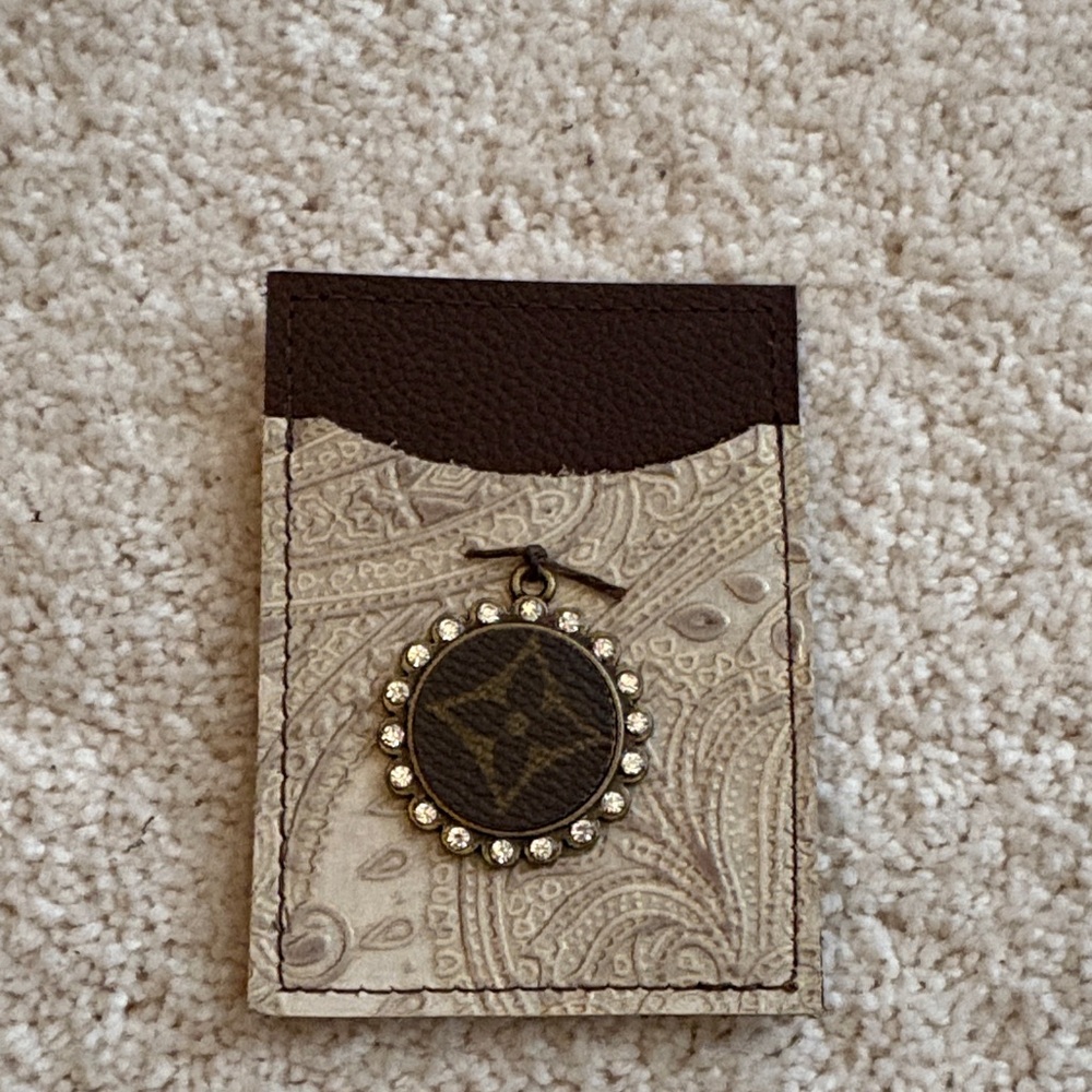 LV Recycled Brown and Cream leather credit card holder with Rhinestone Charm.